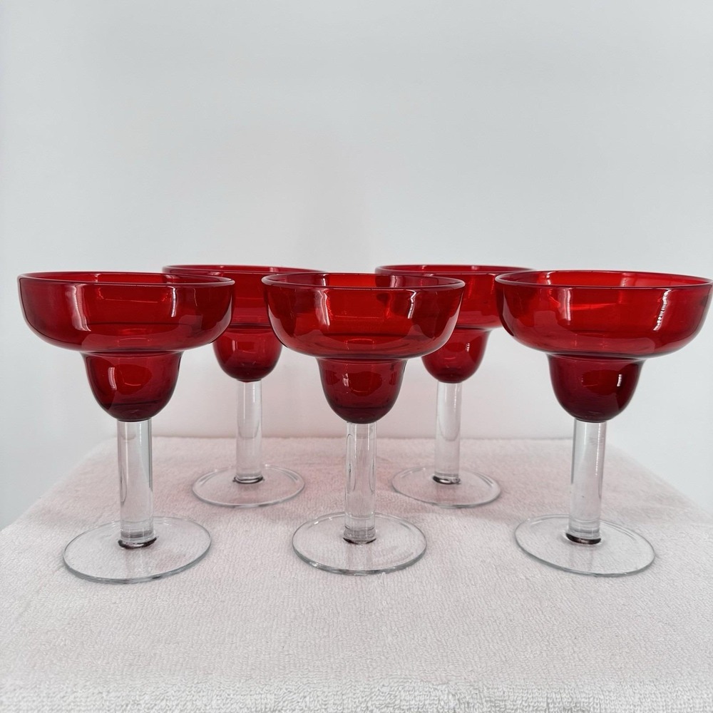 Set of 5 Mexican Hand Blown‎ Heavyweight Margarita Glasses Ruby Red Clear Stem